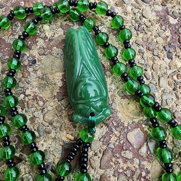 glass beads Jewelry - Green glass beads jade bug insect Scarab necklace #7
